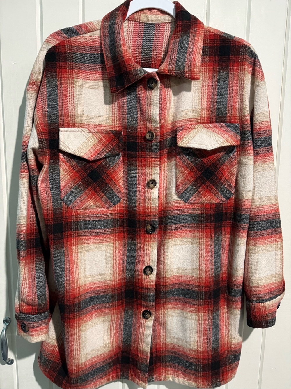 Source Unknown Red, Cream & Black Plaid Button-Down Shacket